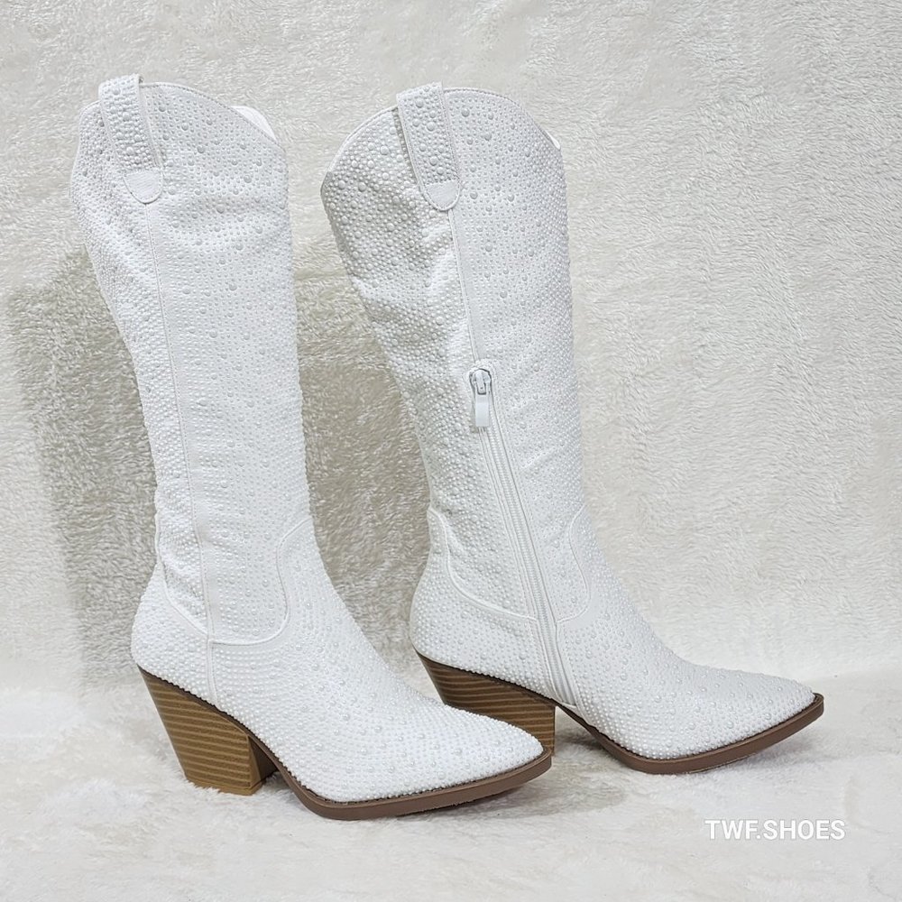Country Pearl White Pearlized Cowgirl Glam Western Knee Boots